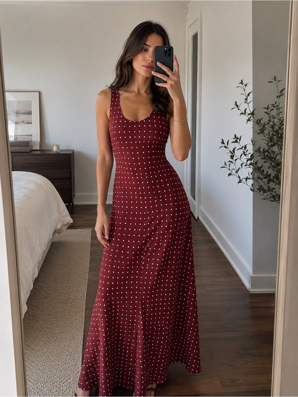 Camila Coelho Elegant Polka Dot Slip Midi Dress Rust Red White Size xs